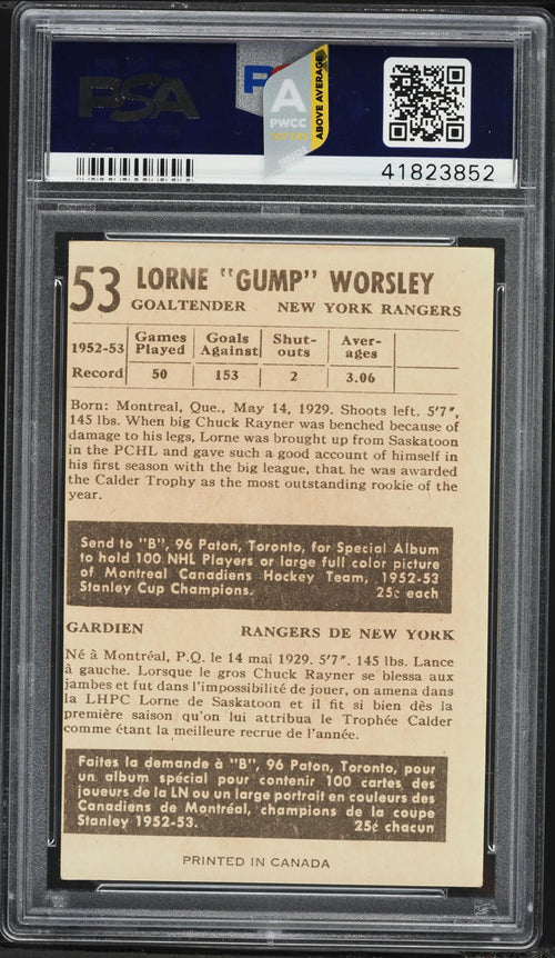 1953 Parkhurst Gump Worsley ROOKIE #53 PSA 7 NRMT (PWCC-A)